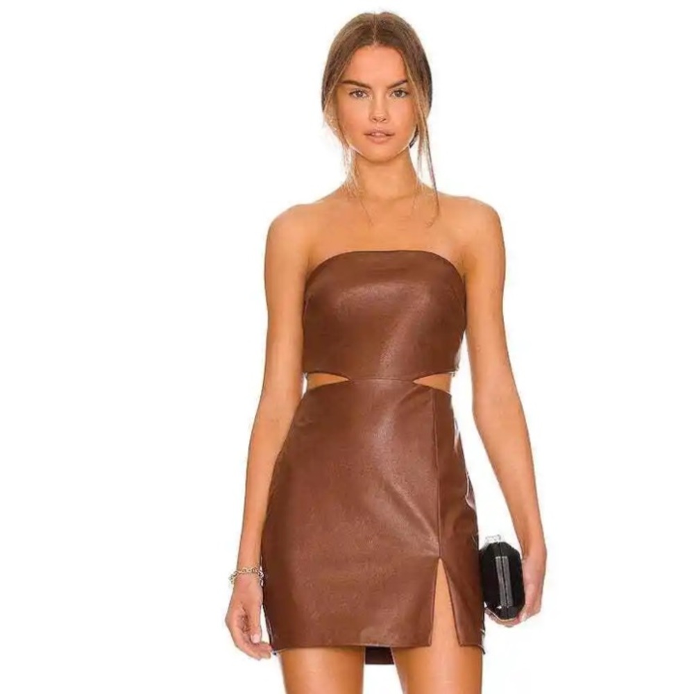 Amanda UpRichard Kloss Brown Faux Leather Strapless Mini Dress with Cut Outs